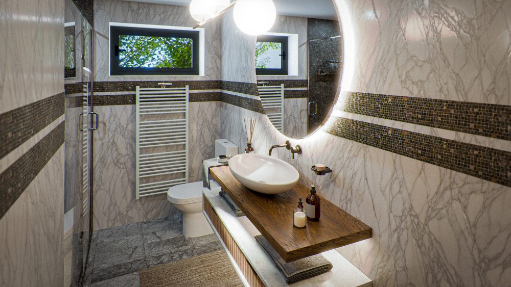 Notranja 3D vizualizacija kopalnice z WC in steklenim tušem. Na stenah so položene velike marmorne ploščice v kombinaciji z mozaikom.