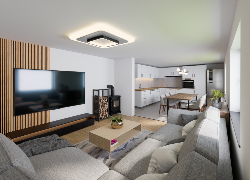 Notranja vizualizacija dnevne sobe, jedilnice in kuhinje z modernim pridihom in minimalističnem slogu.