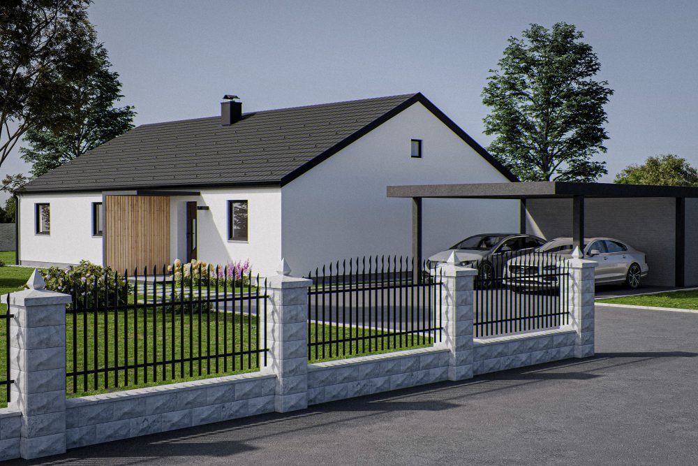 Zunanja 3D vizualizacija pritlične hiše in nadstreška za dva avtomobila. Pred hiša stoji moderna kovana ograja z vrati.