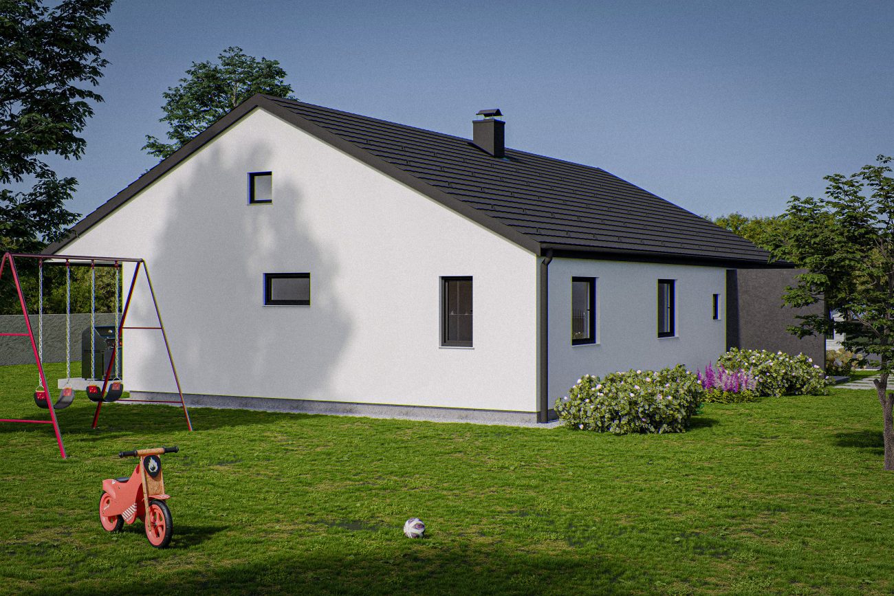 Zunanja 3D vizualizacija pritlične hiše. Na parceli vidimo okrasno grmičevje in igrala za otroke.