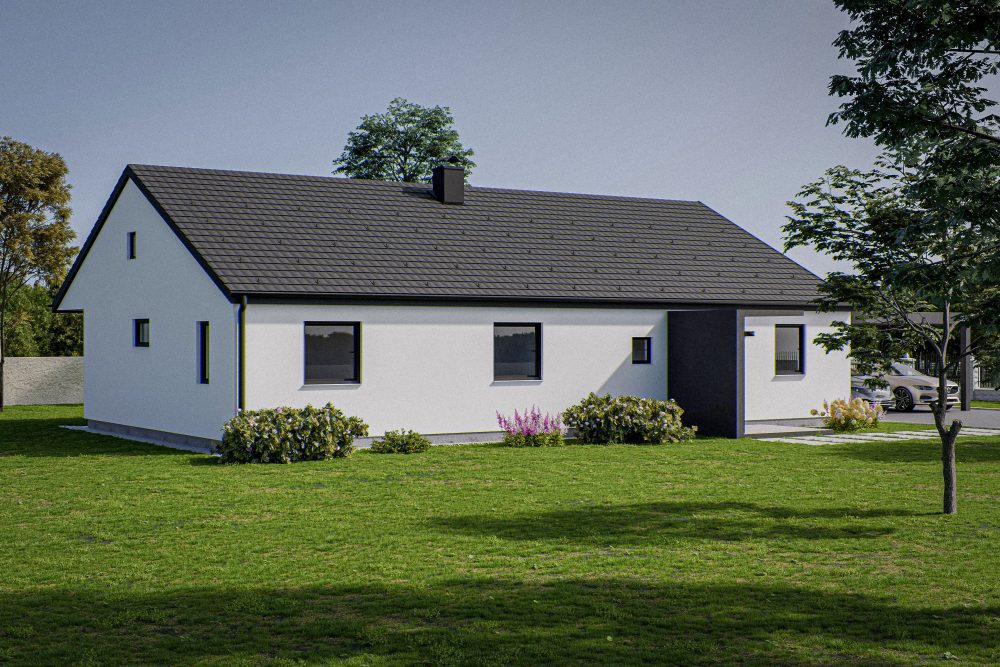 Zunanja 3D vizualizacija stranskega pogleda pritlične hiše in nadstreška v 3/4 pogledu.