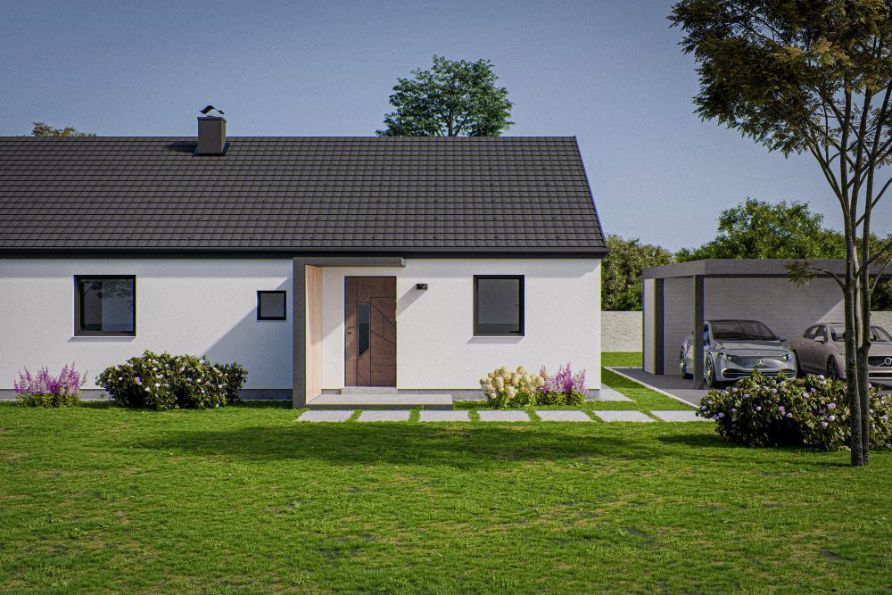 Zunanja 3D vizualizacija stranskega pogleda pritlične hiše in nadstreška. Betonska potka vodi do modernega pokritega vhoda v hišo.