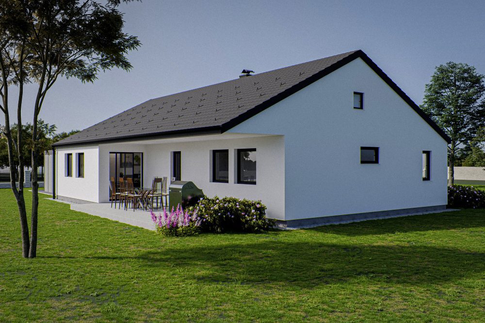 Zunanja 3D vizualizacija stranskega pogleda pritlične hiše in nadstreška. Opazimo prijetno teraso z jedilno mizo in žarom.