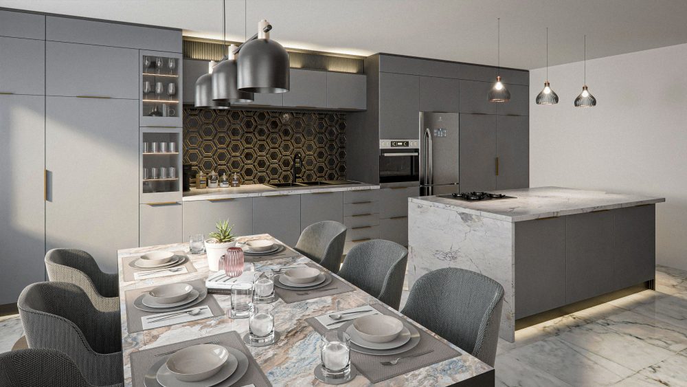 Interior 3D visualization of a dining room and kitchen. Shows a gray kitchen with a modern stone countertop.