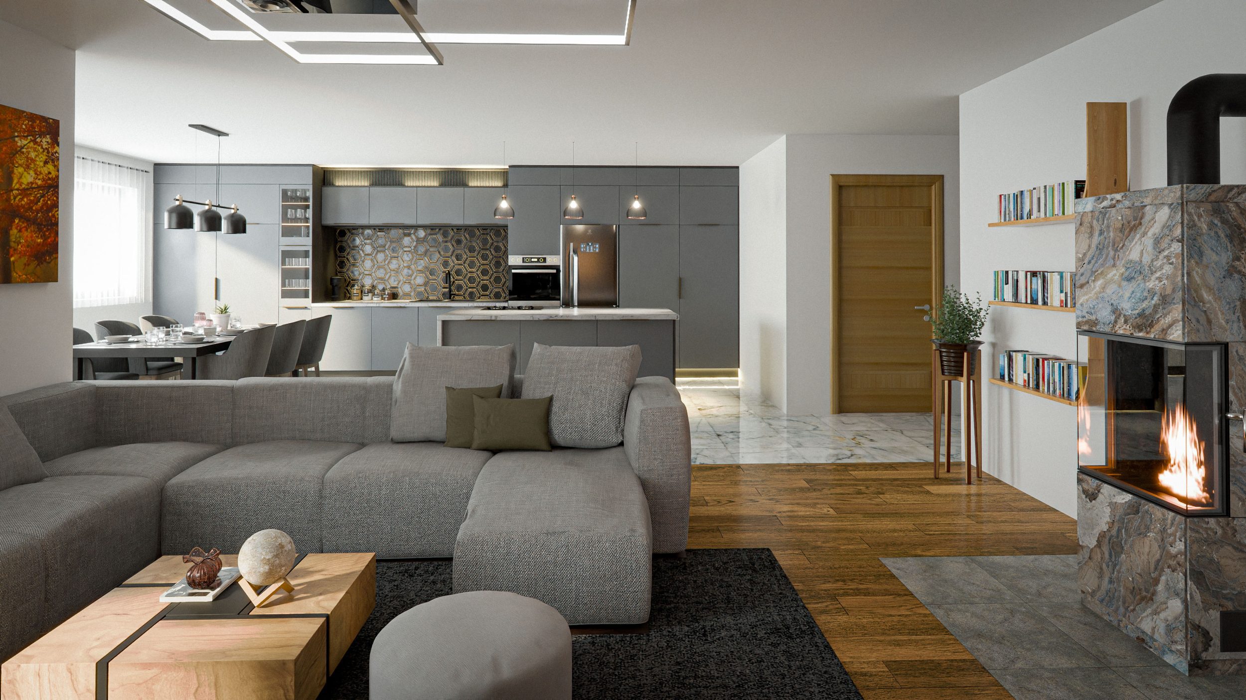 Notranja 3D vizualizacija skupnega bivalnega prostora dnevne sobe, kuhinje in jedilnice Notranja 3D vizualizacija skupnega bivalnega prostora dnevne sobe z jedilnico in kuhinjo v modernem odprtem slogu.