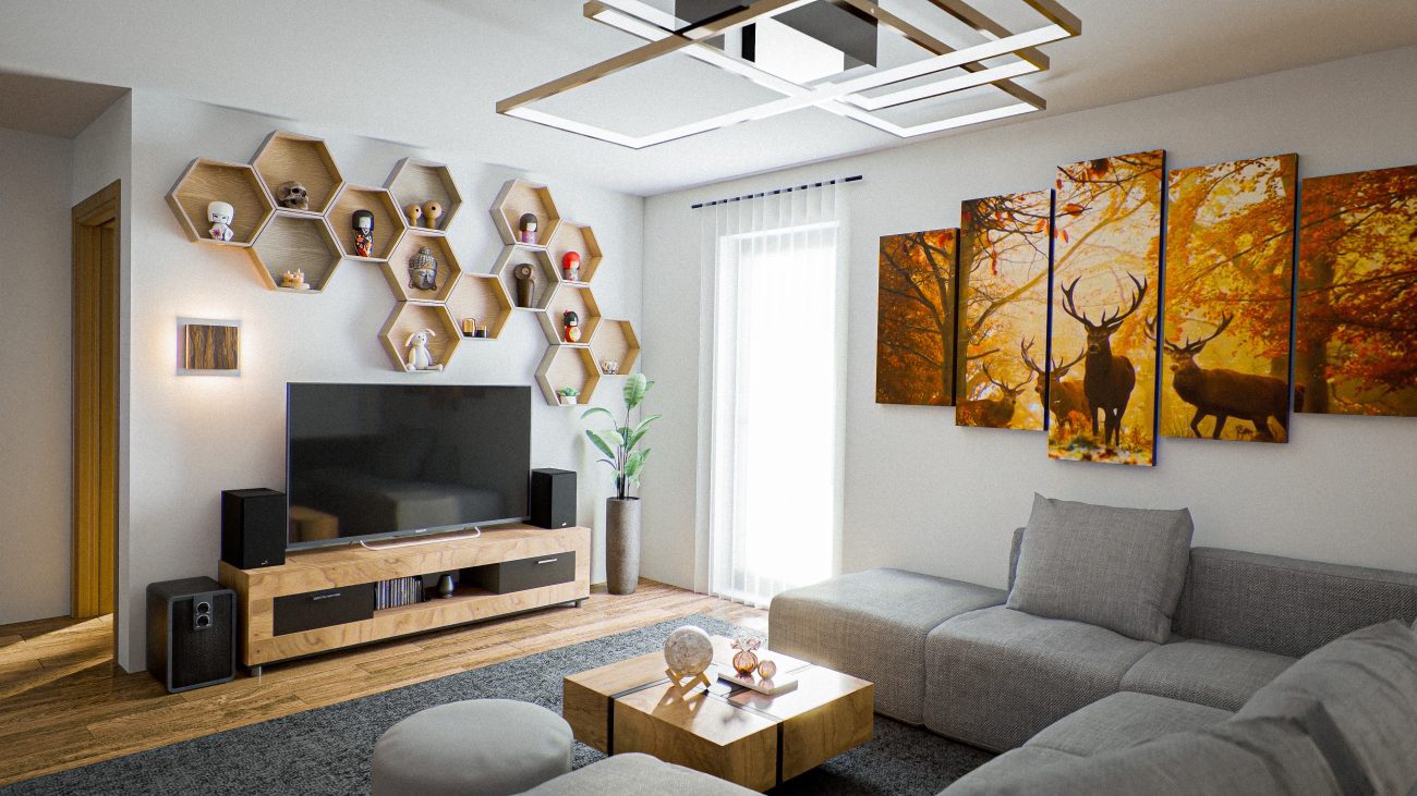 Notranja 3D vizualizacija dnevne sobe s sofo, in televizijo.