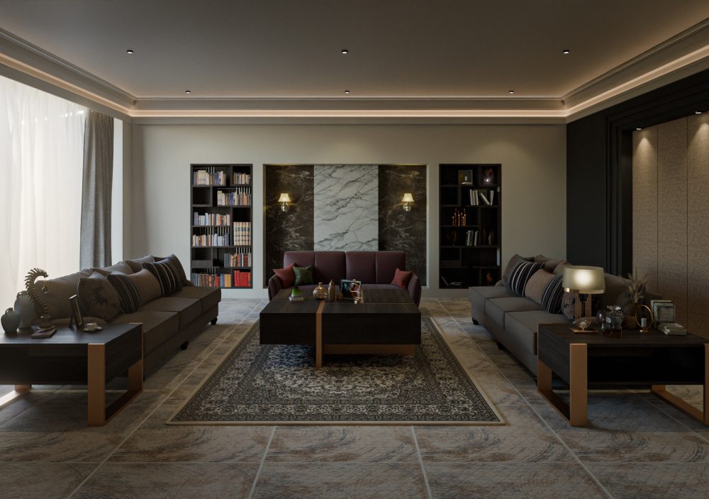 Notranja 3D vizualizacija dnevne sobe v hotelu. V sobi so trije kavči razporejeni okoli mize. Na steni vidimo vgrajene dekorativne omare. Na stropu je moderna LED osvetlitev.