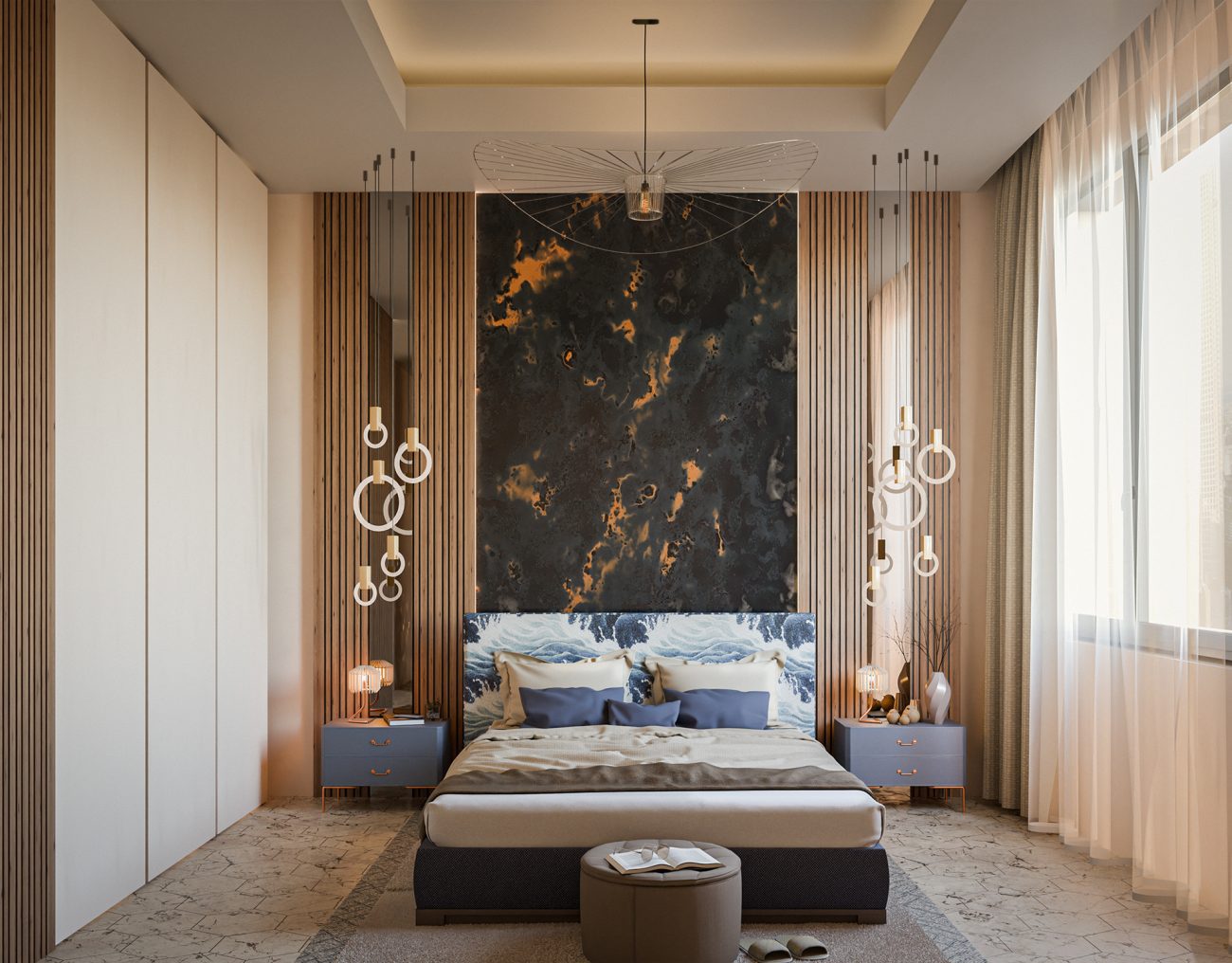 Notranja 3d vizualizacija sobe v hotelu. Moderni abstraktni slog z odteni bež in modre barve z visokimi stropi.