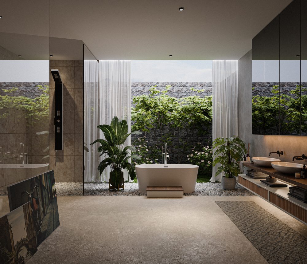 Notranja 3D vizualizacija kopalnice s kopalno kadjo in modernim tušem. Kopalnica je lahko tudi odprta za vstop zraka in svetlobe.