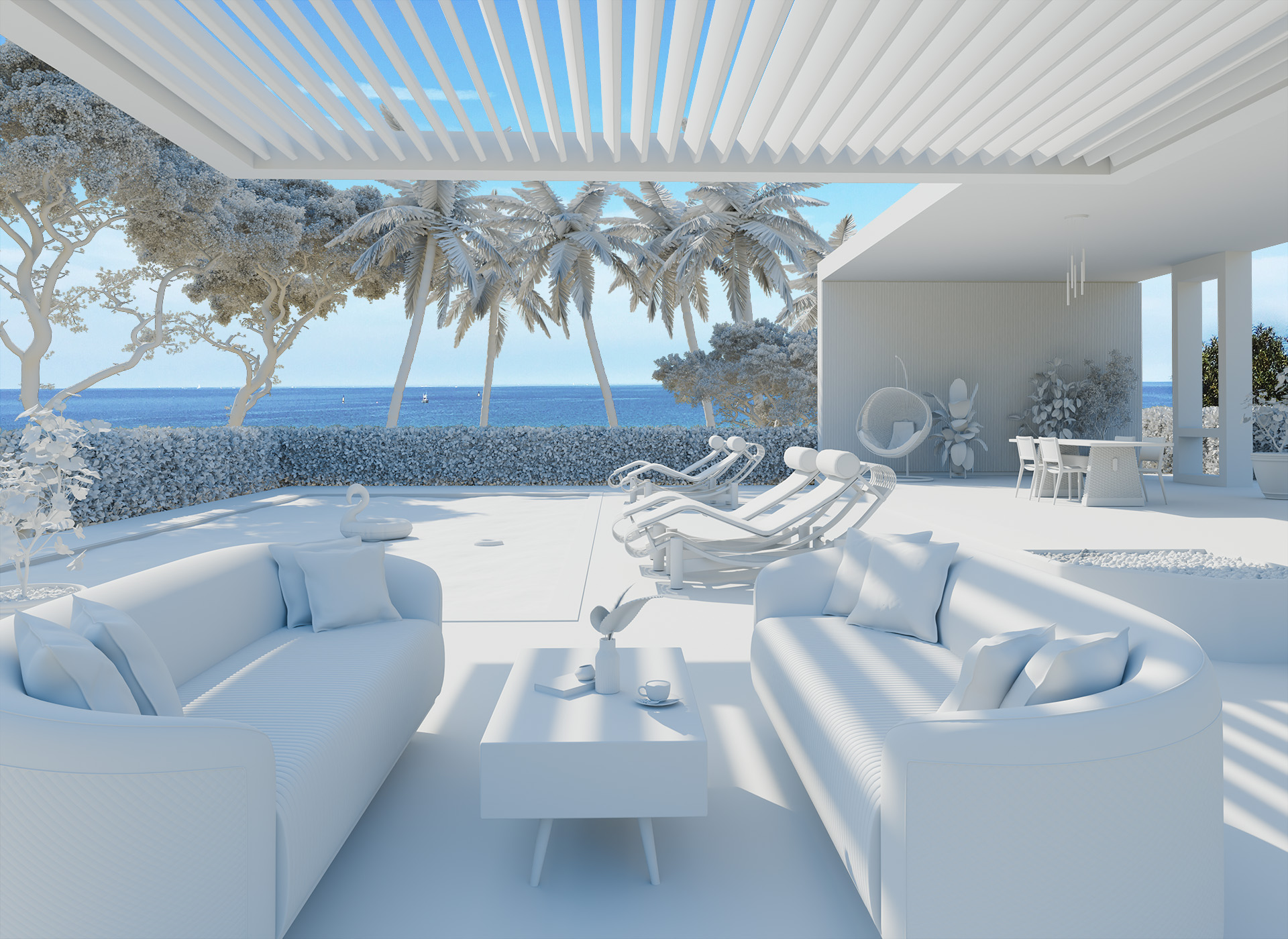 Zunanja 3D vizualizacija pergole brez materialov Zunanja 3D vizualizacija pergole brez materialov prikazuje kako izgleda 3D render preden dodamo objektom materiale. Slika ima samo sivine.