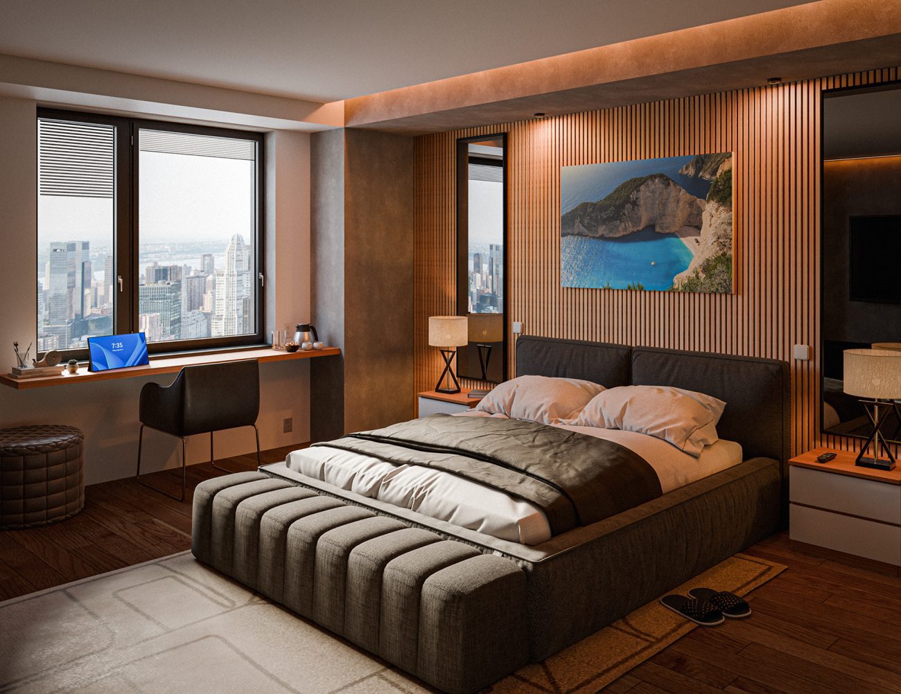 Notranja 3D vizualizacija spalnice v hotelu. Prikazuje klasično minimalistično spalnico v hotelski sobi v visokem nadstropju.