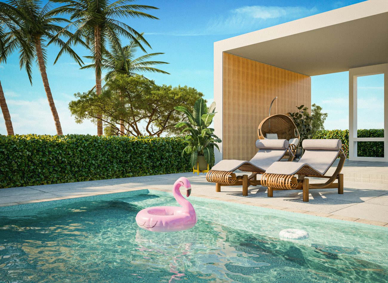 Zunanja 3D vizualizacija bazena z ležalniki in senčniki. V ozadju so palme.
