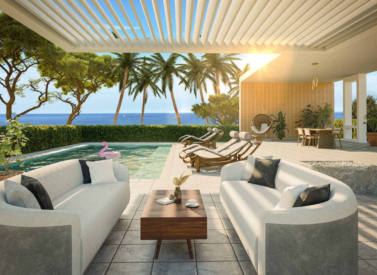 Zunanja 3D vizualizacija pergole Zunanja 3d vizualizacija pergole in bazena. Na robu je tudi pokrit zunanji prostor z jedilno mizo. V ozadju je opazno morje.