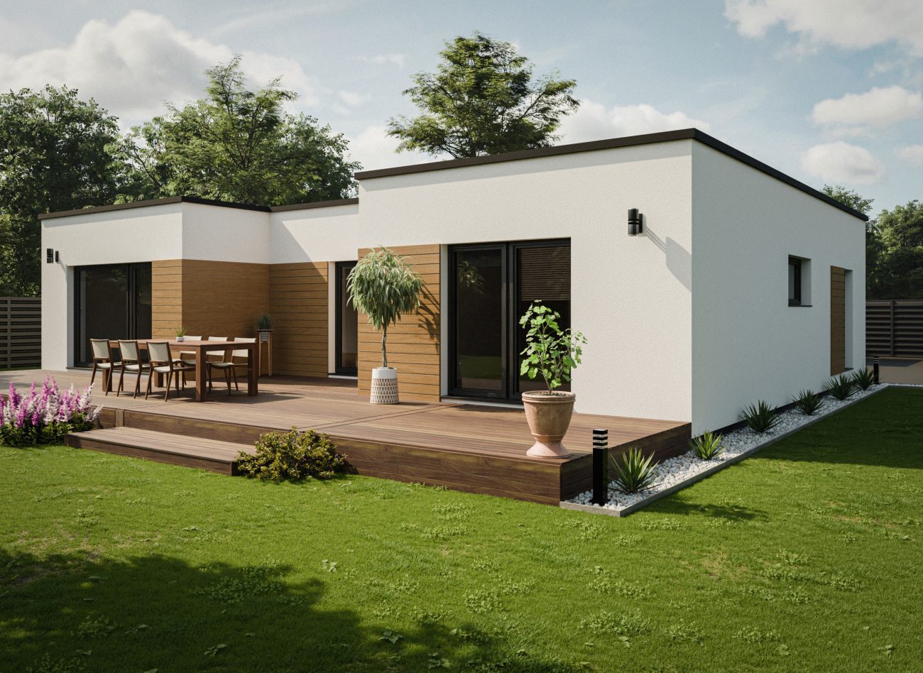 Moderna pritlična hiša z veliko leseno teraso, ravno streho in velikimi okni.