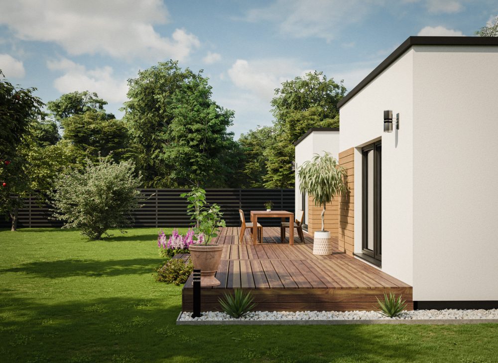 Vizualizacija moderne pritlične hiše s strani, z lepo negovano travo in bujnim gozdom v ozadju.