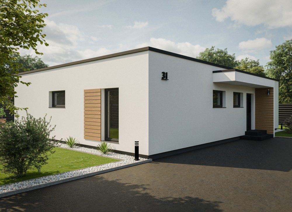 3D vizualizacija moderne hiše z ravno ravno, belo fasado in lesenimi okrasnimi ploščami na fasadi z antracit okni.